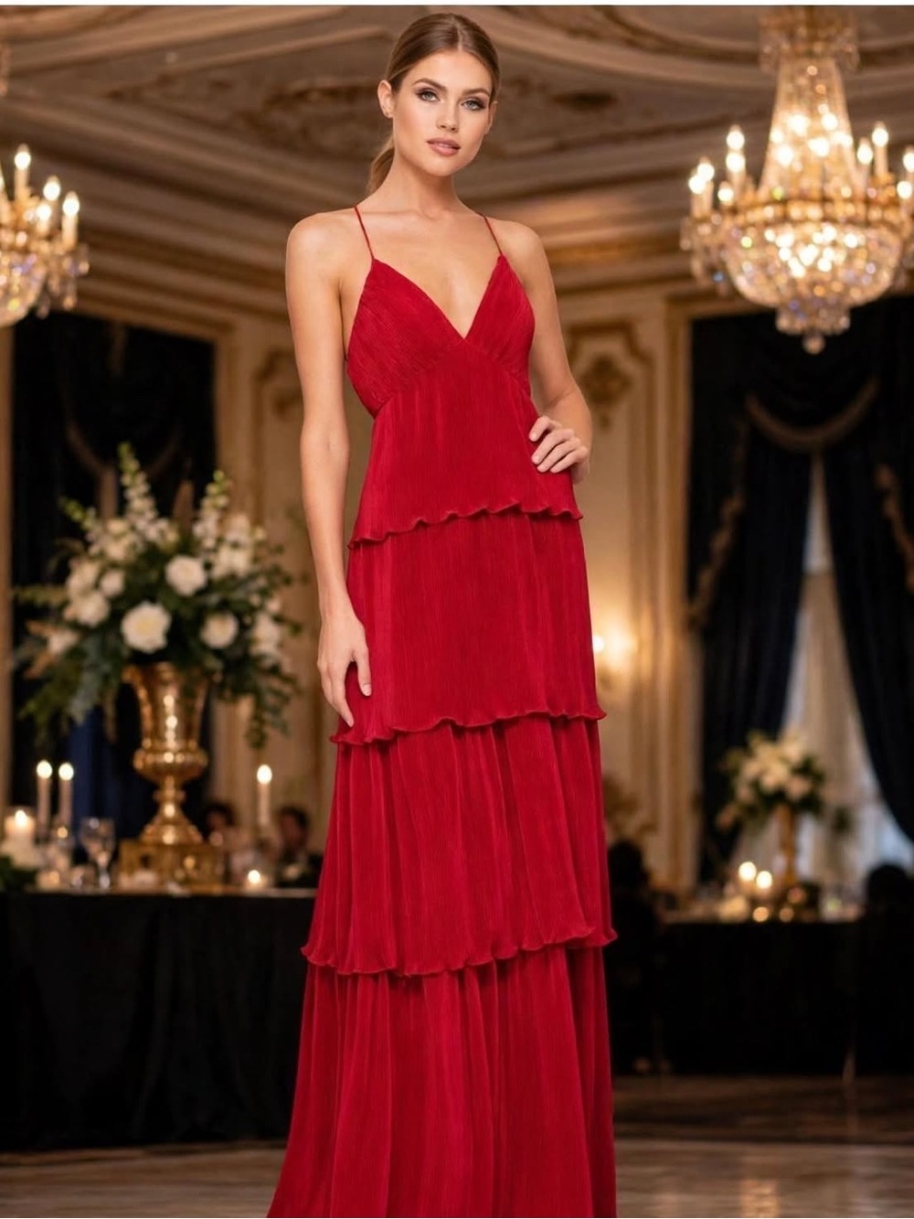 MAC DUGGAL 49083 SPAGHETTI STRAP RUFFLE LAYERED MAXI RED GOWN  sz 4